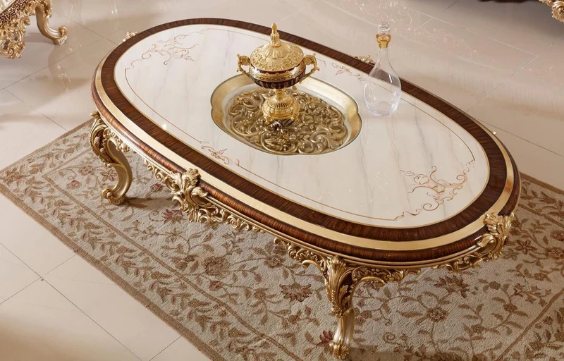 Casa Padrino Luxus Barock Couchtisch Weiß / Braun / Gold - Prunkvoller Wohnzimmertisch mit Glasplatte - Barock Wohnzimmer Möbel - Edel & Prunkvoll