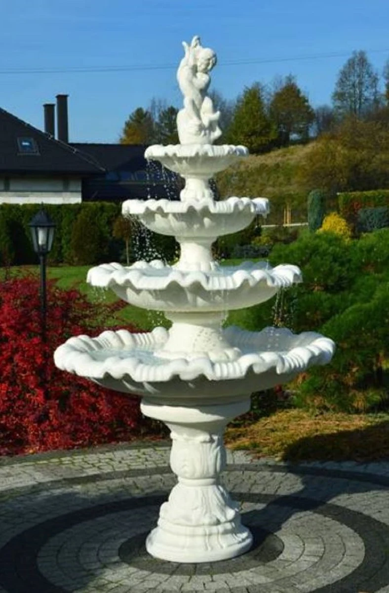 Casa Padrino Jugendstil Springbrunnen Junge mit Fisch Weiß Ø 135 x H. 230 cm - Prunkvoller Gartenbrunnen - Gartendeko Brunnen - Barock & Jugendstil Garten Deko Accessoires