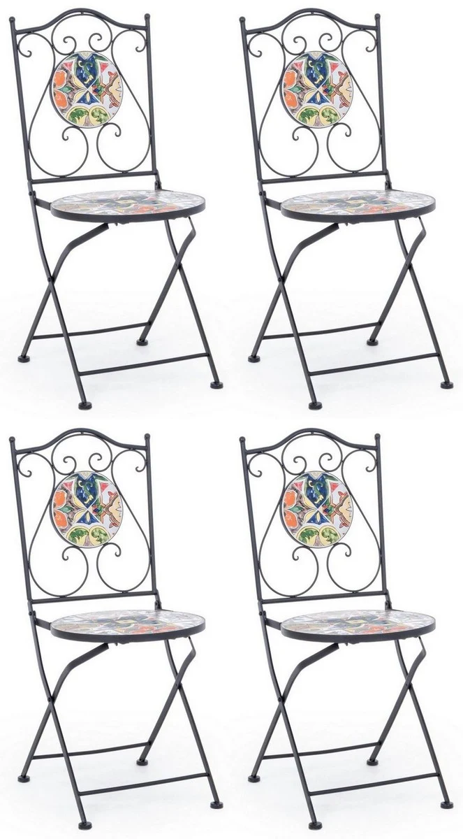 Casa Padrino Jugendstil Gartenstuhl 4er Set Schwarz / Mehrfarbig 39 x 47 x H. 92 cm - Klappbare Stühle mit edlen Keramik Platten - Nostalgische Garten & Gastronomie Möbel