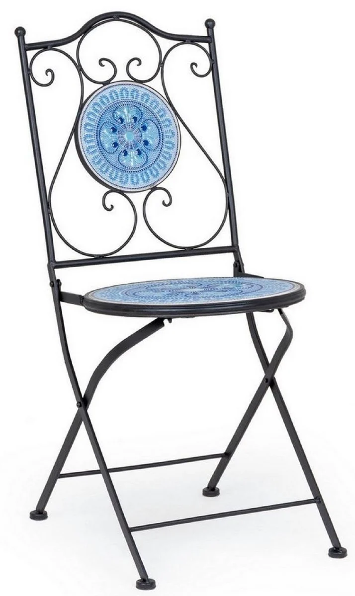 Casa Padrino Jugendstil Gartenstuhl 4er Set Schwarz / Blau / Weiß 39 x 47 x H. 92 cm - Klappbare Stühle mit Keramik Platten - Nostalgische Garten & Gastronomie Möbel