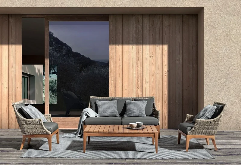 Casa Padrino Luxus Gartensofa mit Kissen Grau / Naturfarben / Braun 153 x 73 x H. 80,5 cm - Wetterbeständiges Garten & Terrassen Sofa - Garten & Terrassen Möbel - Luxus Qualität