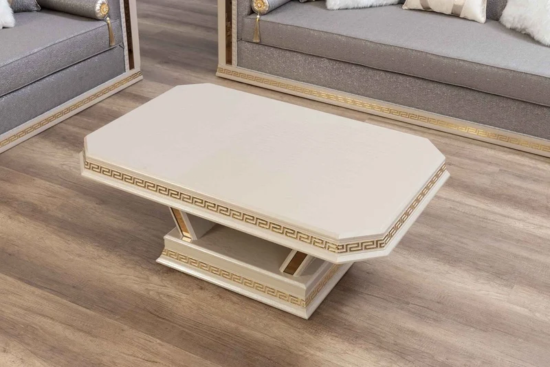 Casa Padrino Luxus Art Deco Couchtisch Cremefarben / Gold - Handgefertigter Massivholz Wohnzimmertisch - Art Deco Wohnzimmer Möbel