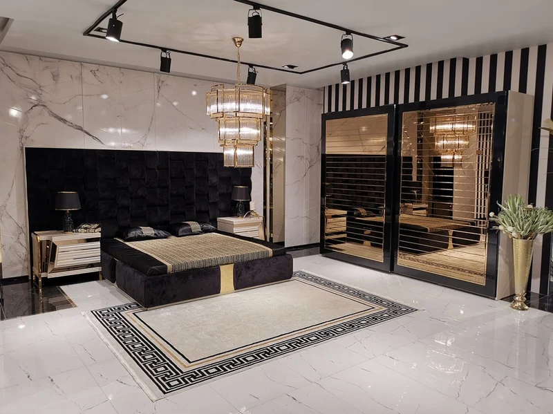 Casa Padrino Luxus Schlafzimmerschrank Beige / Schwarz / Gold - Moderner verspiegelter Kleiderschrank mit 2 Schiebetüren - Luxus Schlafzimmer & Hotel Möbel