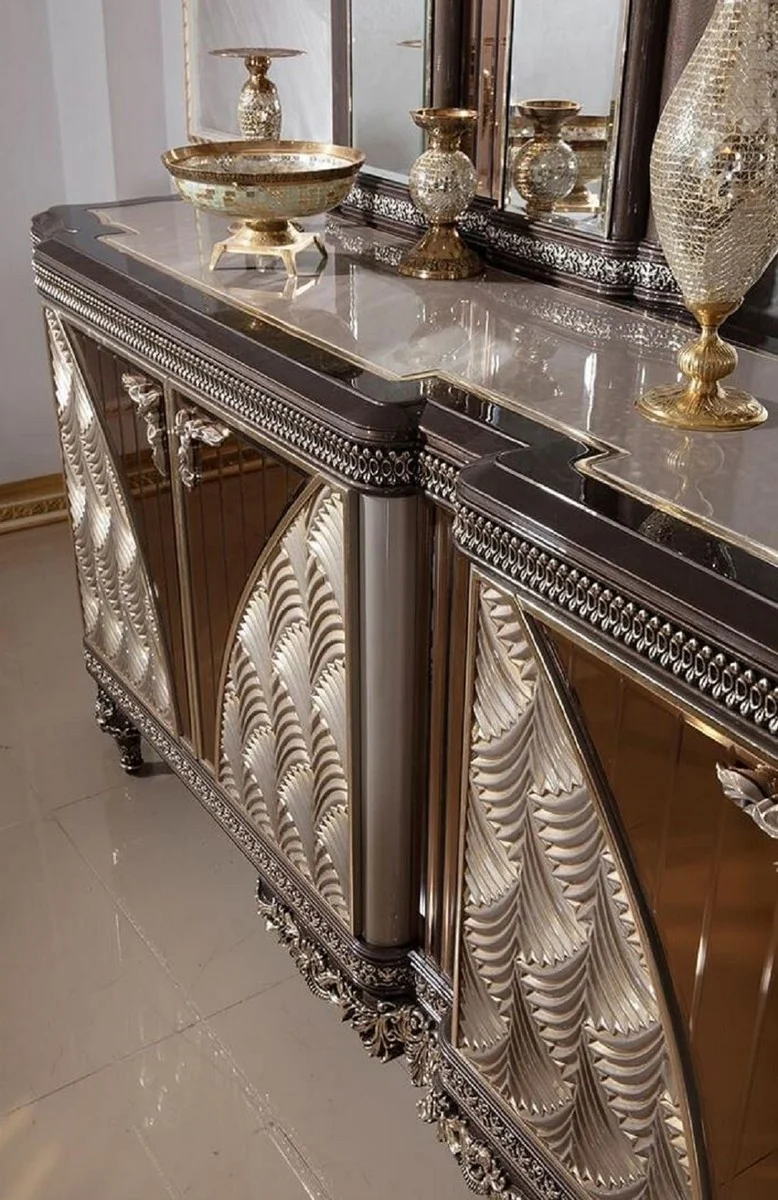 Casa Padrino Luxus Barock Möbel Set Grau / Schwarz / Silber / Gold - 1 Barock Sideboard mit 4 Türen & 2 Barock Wandspiegel - Handgefertigte Barock Möbel - Edel & Prunkvoll
