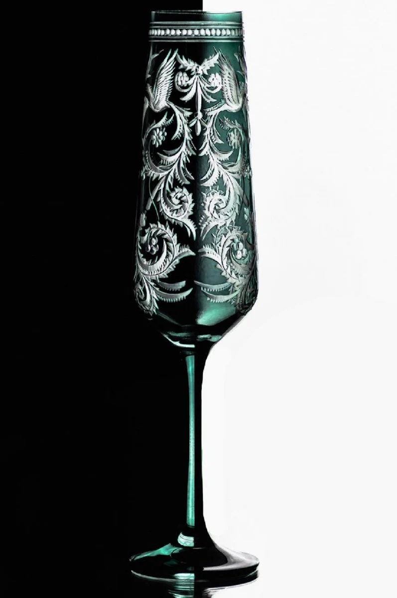 Casa Padrino Luxus Champagnerglas 6er Set Grün / Silber Ø 6,5 x H. 26,5 cm - Handgefertigte und handgravierte Champagnergläser - Hotel & Restaurant Accessoires - Luxus Qualität
