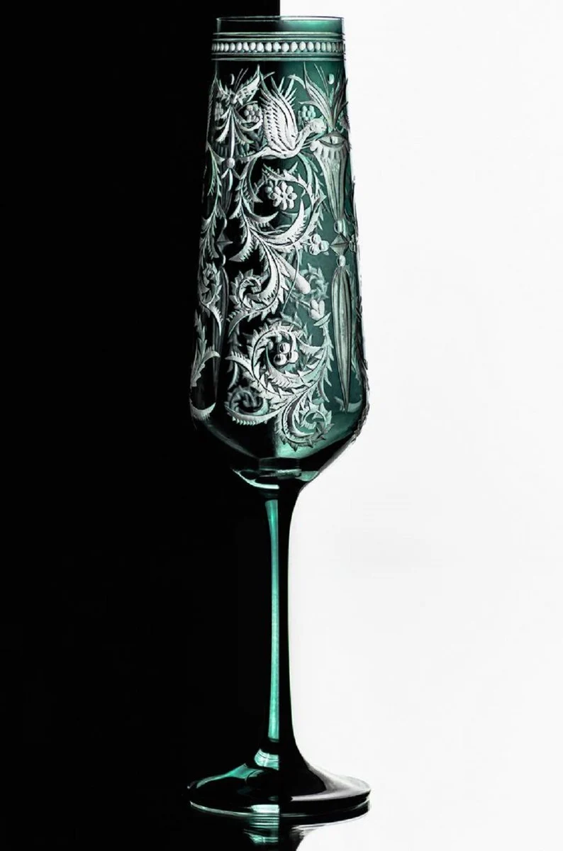 Casa Padrino Luxus Champagnerglas 6er Set Grün / Silber Ø 6,5 x H. 26,5 cm - Handgefertigte und handgravierte Champagnergläser - Hotel & Restaurant Accessoires - Luxus Qualität