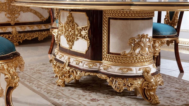 Casa Padrino Luxus Barock Esstisch Weiß / Braun / Gold - Prunkvoller Massivholz Esszimmertisch im Barockstil - Barock Esszimmer Möbel - Edel & Prunkvoll