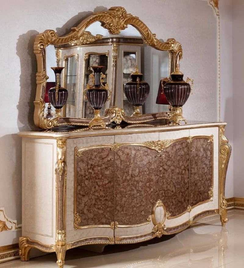 Casa Padrino Luxus Barock Möbel Set Weiß / Braun / Gold - 1 Barock Sideboard mit 4 Türen & 1 Barock Wandspiegel - Barock Möbel - Edel & Prunkvoll