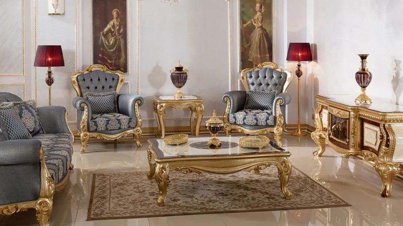Casa Padrino Luxus Barock Sofa Blau / Gold - Handgefertigtes Barockstil Wohnzimmer Sofa mit elegantem Muster - Barock Wohnzimmer Möbel - Edel & Prunkvoll