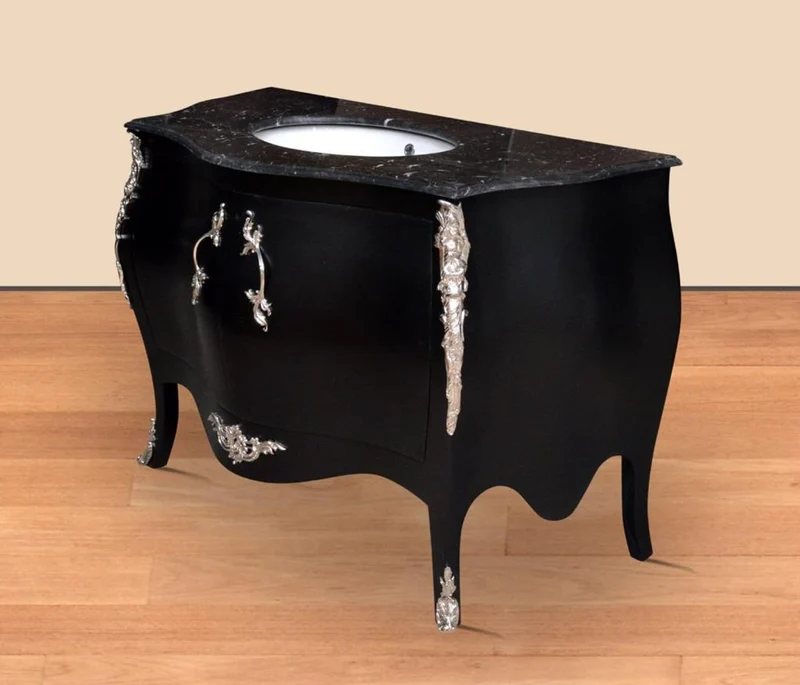 Casa Padrino Luxus Barock Waschtisch Kommode Schwarz / Silber mit Marmorplatte - Luxus Barock Badezimmermöbel