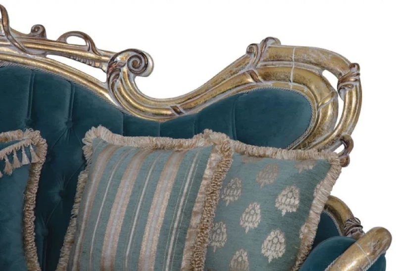Casa Padrino Luxus Barock Sofa Blau / Gold - Handgefertigtes Barockstil Wohnzimmer Sofa mit elegantem Muster - Barock Wohnzimmer Möbel