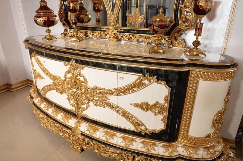 Casa Padrino Luxus Barock Möbel Set Weiß / Blau / Gold - 1 Barock Sideboard & 1 Barock Wandspiegel - Barock Möbel - Edel & Prunkvoll