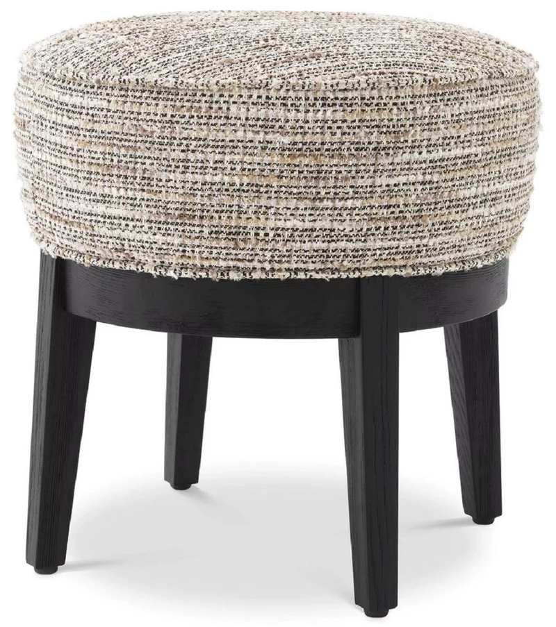 Casa Padrino Luxus Hocker Beige / Schwarz Ø 45,5 x H. 47 cm - Runder Wohnzimmer Sitzhocker - Moderner Rundhocker - Luxus Möbel