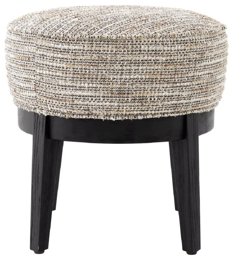 Casa Padrino Luxus Hocker Beige / Schwarz Ø 45,5 x H. 47 cm - Runder Wohnzimmer Sitzhocker - Moderner Rundhocker - Luxus Möbel