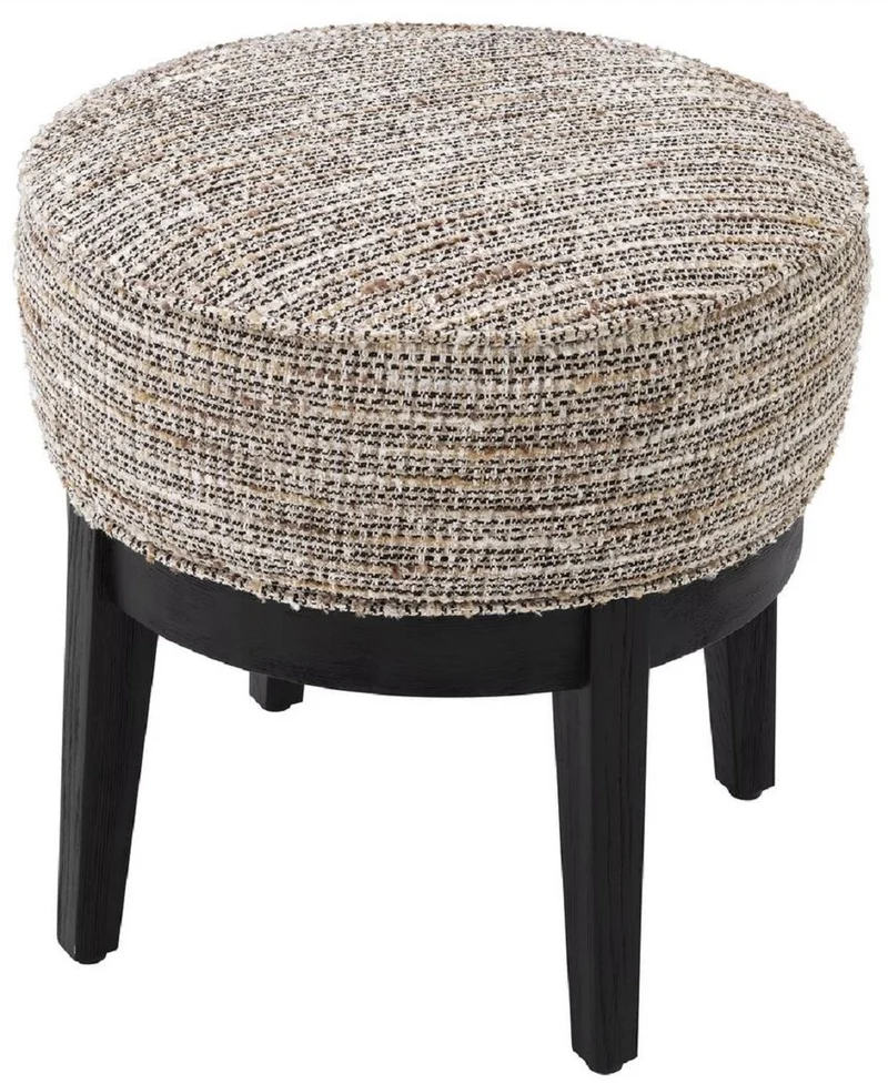 Casa Padrino Luxus Hocker Beige / Schwarz Ø 45,5 x H. 47 cm - Runder Wohnzimmer Sitzhocker - Moderner Rundhocker - Luxus Möbel