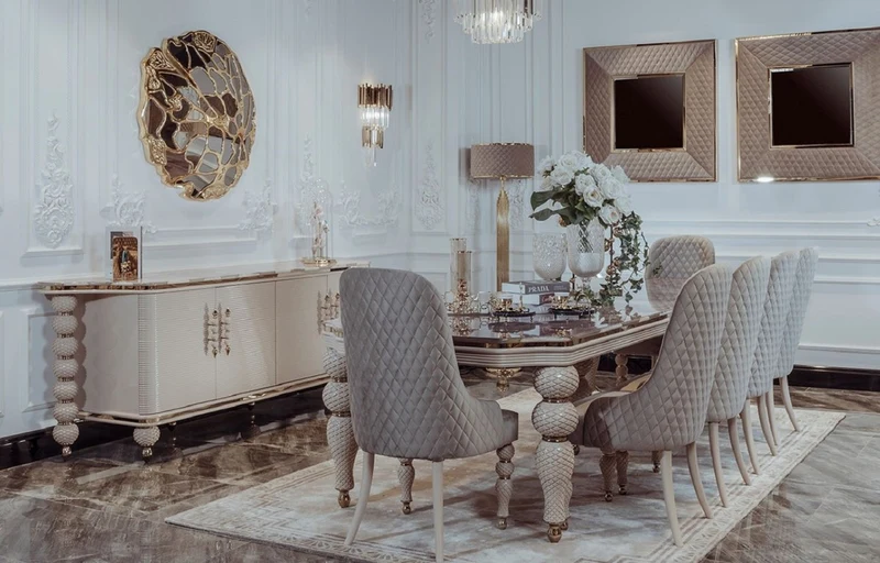 Casa Padrino Luxus Art Deco Esstisch Grau / Weiß / Gold 260 x 113 x H. 79 cm - Prunkvoller Art Deco Esszimmer Tisch mit Kunstmarmor Tischplatte - Art Deco Esszimmer Möbel - Luxus Qualität