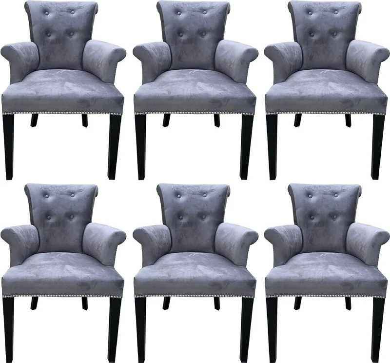 Casa Padrino Luxus Esszimmerstuhl 6er Set Grau / Schwarz - Massivholz Küchenstühle mit Armlehnen und edlem Samtstoff - Luxus Esszimmer & Restaurant Möbel