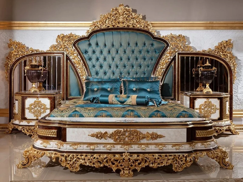Casa Padrino Luxus Barock Schlafzimmer Set Blau / Weiß / Braun / Gold - Doppelbett mit Kopfteil & 2 Nachtkommoden