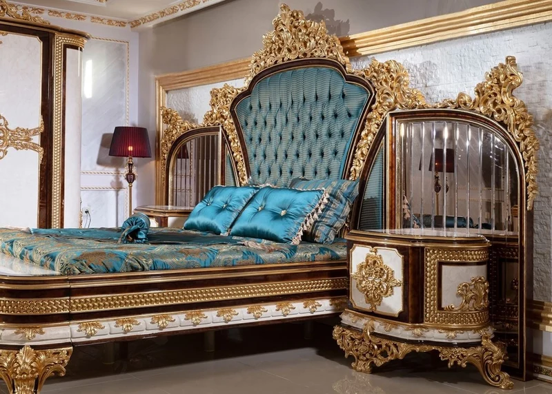 Casa Padrino Luxus Barock Schlafzimmer Set Blau / Weiß / Braun / Gold - Doppelbett mit Kopfteil & 2 Nachtkommoden