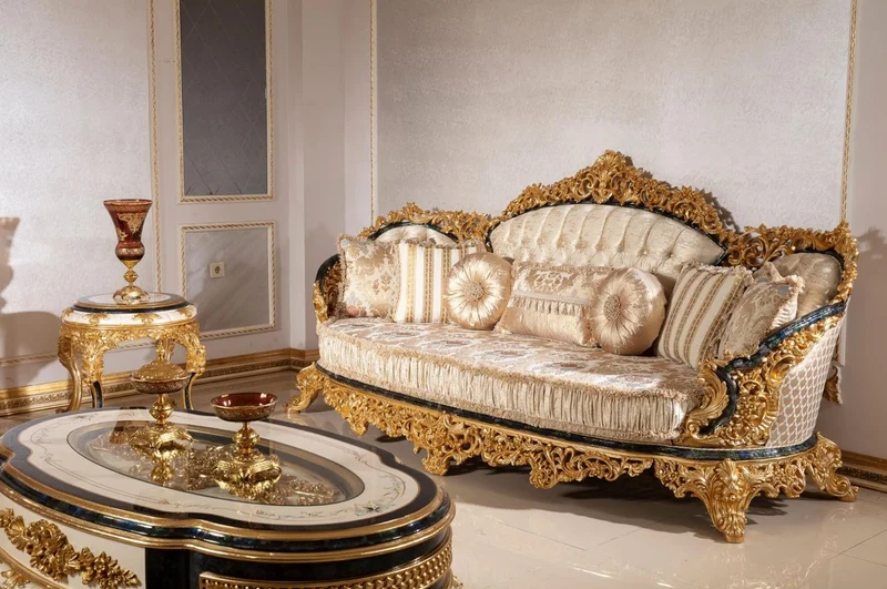 Casa Padrino Luxus Barock Sofa Gold / Mehrfarbig / Blau / Gold - Prunkvolles Wohnzimmer Sofa mit elegantem Muster - Barock Wohnzimmer Möbel - Edel & Prunkvoll