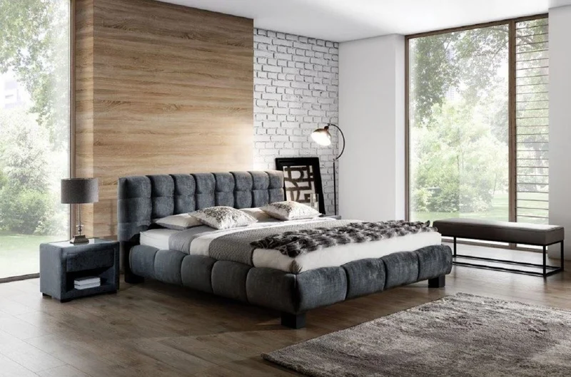 Casa Padrino Luxus Doppelbett Grau / Schwarz - Verschiedene Größen - Modernes Massivholz Bett mit Kopfteil - Luxus Schlafzimmer Möbel - Luxus Kollektion