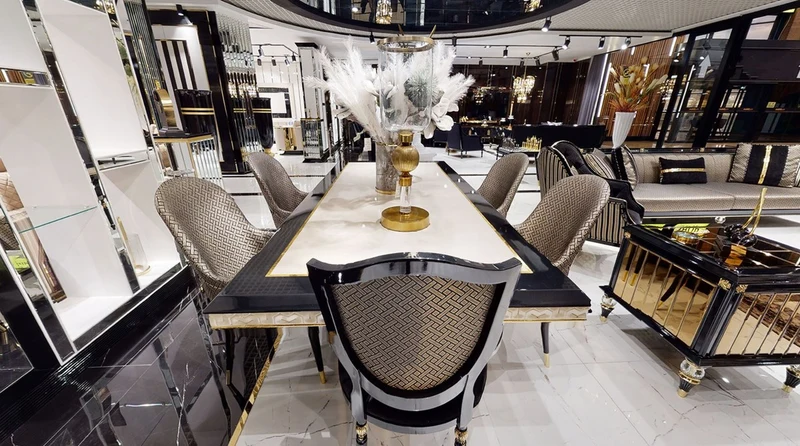 Casa Padrino Luxus Art Deco Esstisch Weiß / Schwarz / Gold - Art Deco Esszimmer Tisch - Art Deco Esszimmer Möbel - Luxus Qualität