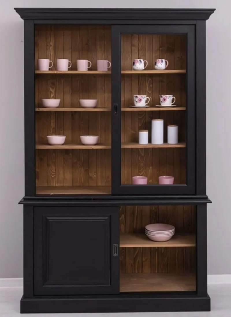 Casa Padrino Landhausstil Esszimmerschrank Schwarz / Braun 141 x 48 x H. 212 cm - Massivholz Schrank mit 4 Schiebetüren - Landhausstil Massivholz Esszimmer Möbel