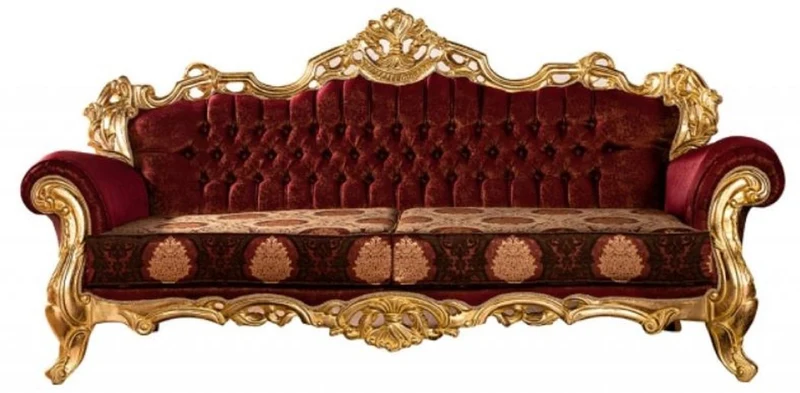 Casa Padrino Luxus Barock Sofa Bordeauxrot / Gold - Prunkvolles Wohnzimmer Sofa mit elegantem Muster - Barock Wohnzimmer Möbel