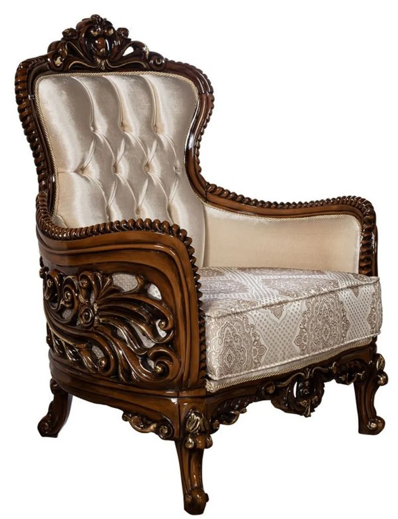 Casa Padrino Luxus Barock Sessel Beige / Braun / Gold - Prunkvoller Wohnzimmer Sessel mit elegantem Muster - Barock Wohnzimmer Möbel