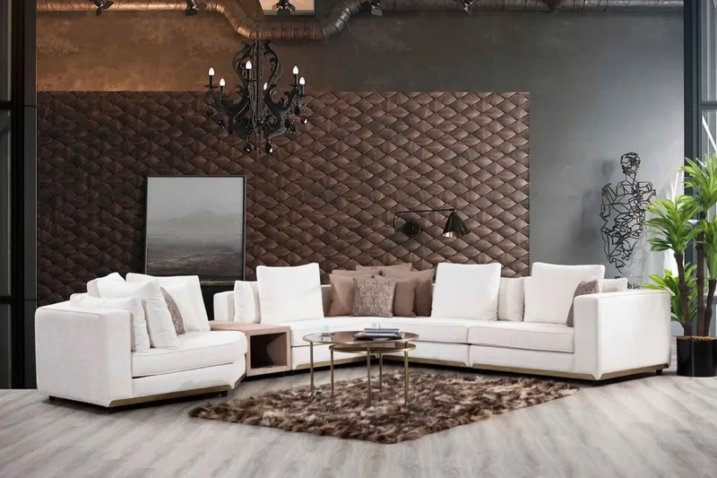 Casa Padrino Luxus Ecksofa Weiß / Braun / Messingfarben 300 x 400 x H. 65 cm - Modernes Wohnzimmer Sofa - Moderne Wohnzimmer Möbel - Luxus Kollektion