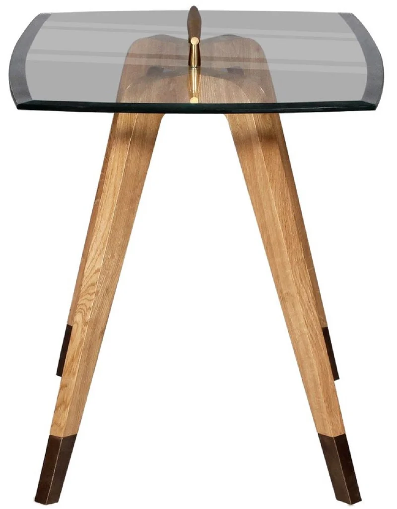Casa Padrino Luxus Beistelltisch Naturfarben / Braun / Messingfarben 60 x 40 x H. 53 cm - Moderner Tisch mit Glasplatte und Tragegriff - Wohnzimmer Möbel - Luxus Kollektion
