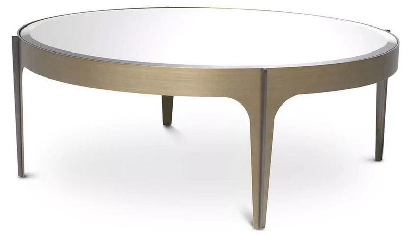 Casa Padrino Luxus Couchtisch Messing / Bronze Ø 94 x H. 34,5 cm - Runder Edelstahl Wohnzimmertisch mit Spiegelglas Tischplatte - Luxus Wohnzimmer Möbel