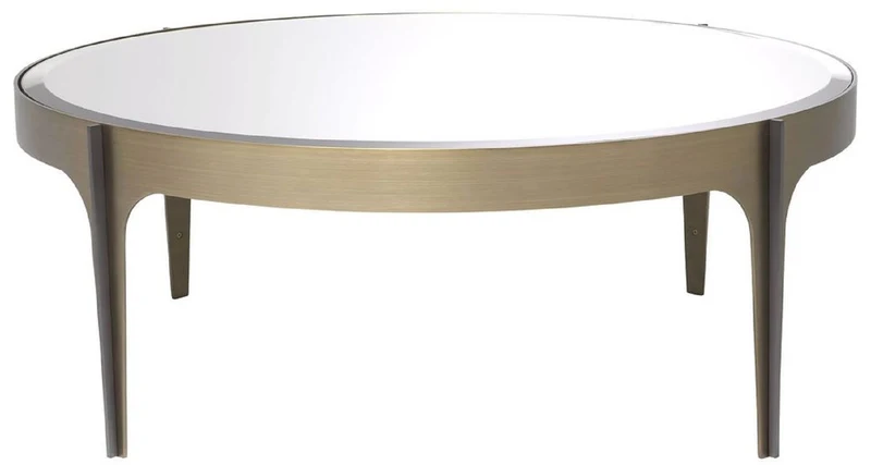 Casa Padrino Luxus Couchtisch Messing / Bronze Ø 94 x H. 34,5 cm - Runder Edelstahl Wohnzimmertisch mit Spiegelglas Tischplatte - Luxus Wohnzimmer Möbel