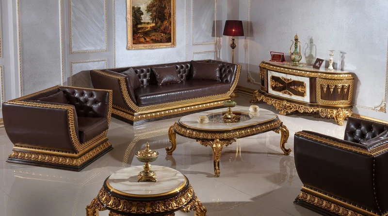 Casa Padrino Luxus Barock Chesterfield Sofa Dunkelbraun / Gold - Prunkvolles Wohnzimmer Sofa mit edlem Kunstleder - Barock Chesterfield Wohnzimmer Möbel