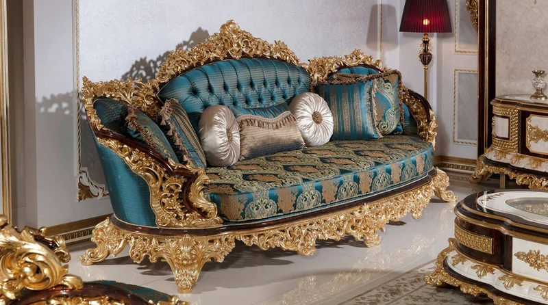 Casa Padrino Luxus Barock Sofa Blau / Beige / Braun / Gold - Prunkvolles Wohnzimmer Sofa mit elegantem Muster - Barock Wohnzimmer Möbel - Edel & Prunkvoll
