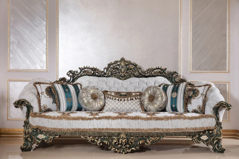 Casa Padrino Luxus Barock Sofa Weiß / Mehrfarbig / Grün / Gold - Prunkvolles Wohnzimmer Sofa mit elegantem Muster - Barock Wohnzimmer & Hotel Möbel - Edel & Prunkvoll