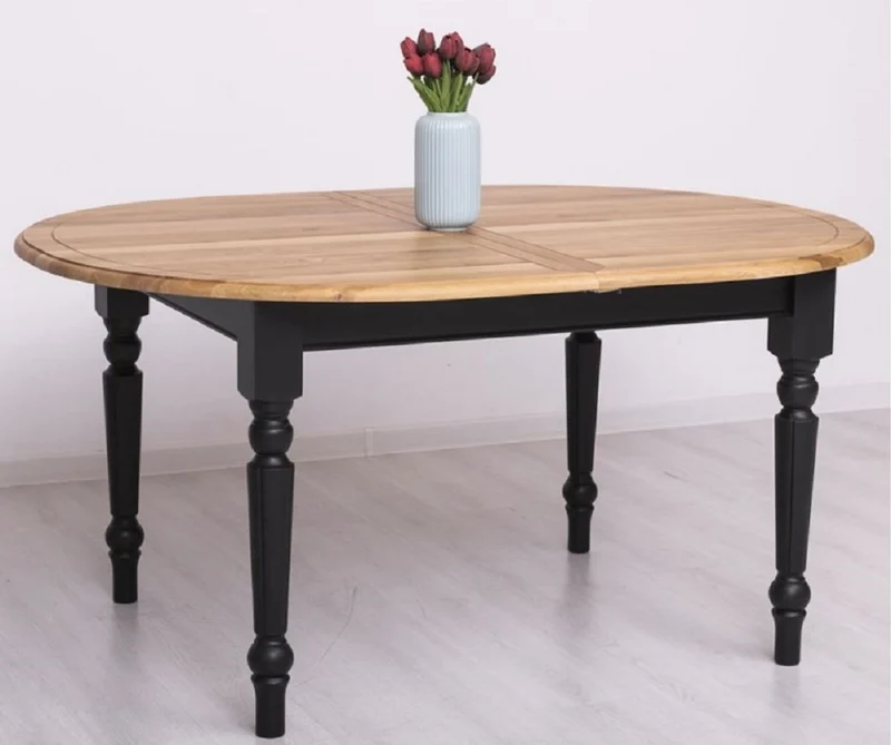 Casa Padrino Landhausstil Esstisch Naturfarben / Schwarz 160-200 x 120 x H. 78 cm - Ovaler ausziehbarer massivholz Küchentisch mit Eichenholz Tischplatte - Esszimmer Möbel im Landhausstil