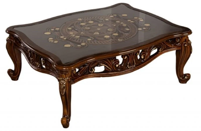 Casa Padrino Luxus Barock Couchtisch Braun / Gold - Handgefertigter Massivholz Wohnzimmertisch mit Glasplatte - Barock Wohnzimmer Möbel - Edel & Prunkvoll