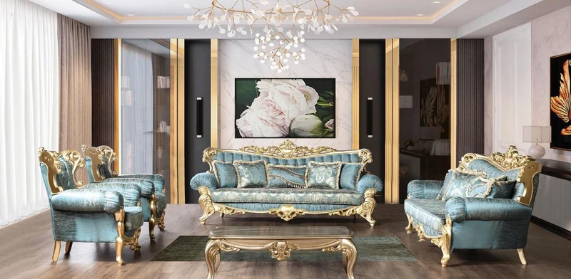 Casa Padrino Luxus Barock Wohnzimmer Set Türkis / Gold - 2 Barock Sofas mit Muster & 2 Barock Sessel mit Muster & 1 Barock Couchtisch - Barock Wohnzimmer Möbel