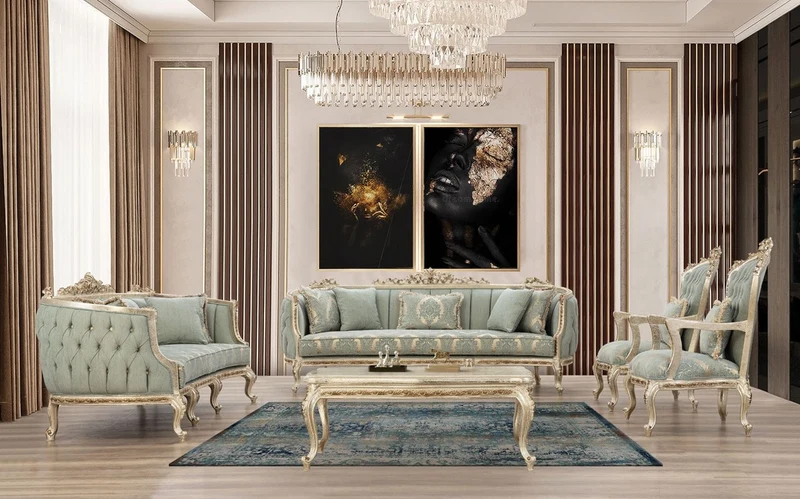 Casa Padrino Luxus Barock Wohnzimmer Set Grün / Antik Gold - 2 Sofas & 2 Sessel & 1 Couchtisch - Handgefertigte Wohnzimmer Möbel im Barockstil - Edel & Prunkvoll