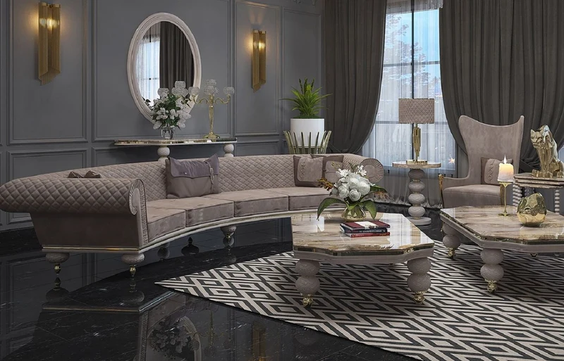 Casa Padrino Luxus Art Deco Sofa Grau / Gold - Gebogenes Wohnzimmer Sofa - Hotel Sofa - Luxus Art Deco Wohnzimmer & Hotel Möbel - Luxus Qualität