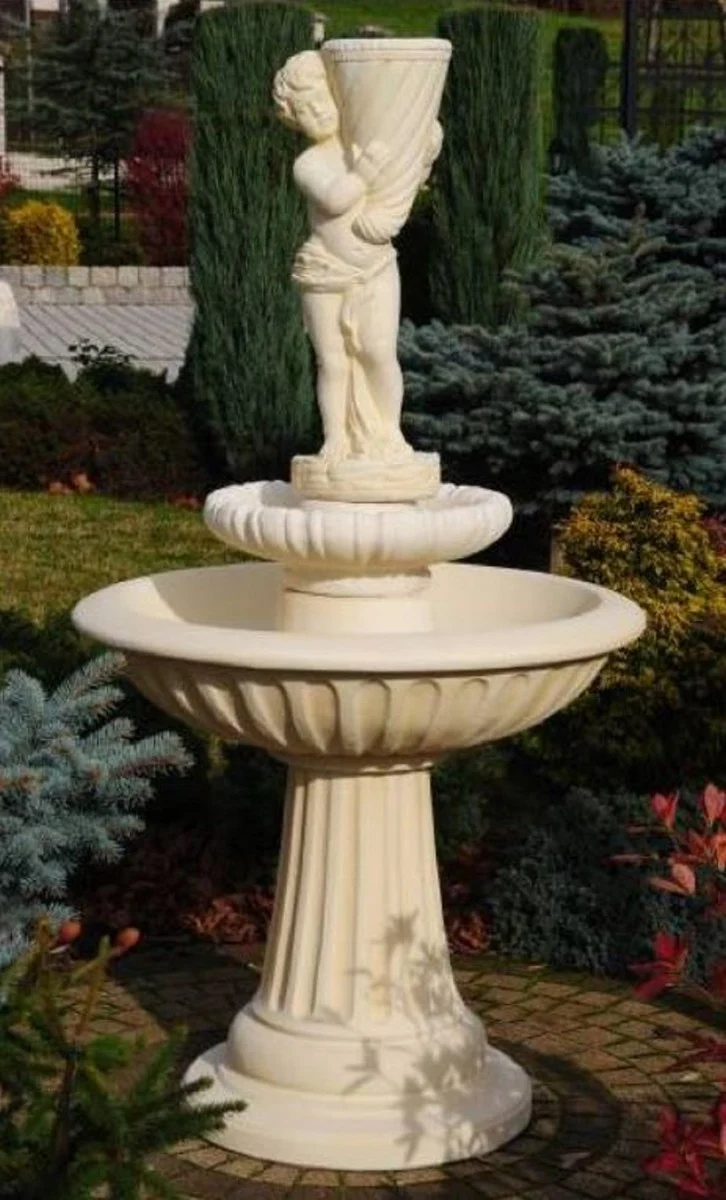 Casa Padrino Jugendstil Springbrunnen Junge mit Füllhorn Sandfarben Ø 92 x H. 172 cm - Prunkvoller Gartenbrunnen - Gartendeko Brunnen - Barock & Jugendstil Garten Deko Accessoires