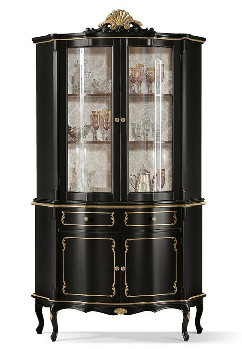 Casa Padrino Luxus Barock Vitrine Schwarz / Gold - Prunkvoller Barock Vitrinenschrank mit 4 Türen und Schublade - Barock Möbel - Luxus Qualität - Made in Italy