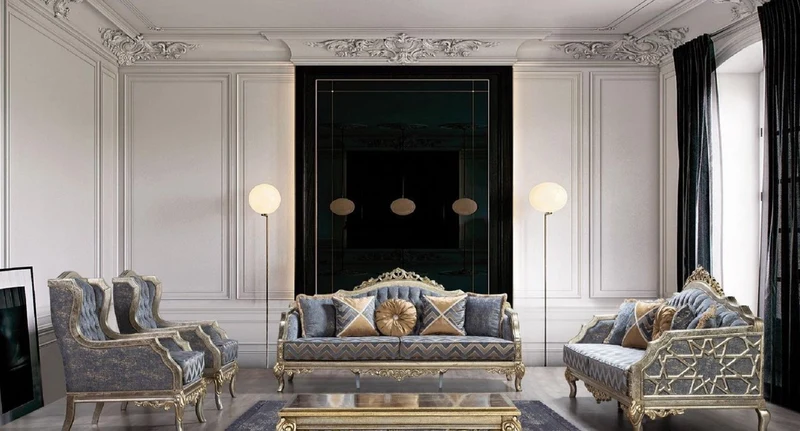 Casa Padrino Luxus Barock Ohrensessel Blau / Silber / Gold - Handgefertigter Wohnzimmer Sessel im Barockstil - Barock Wohnzimmer Möbel