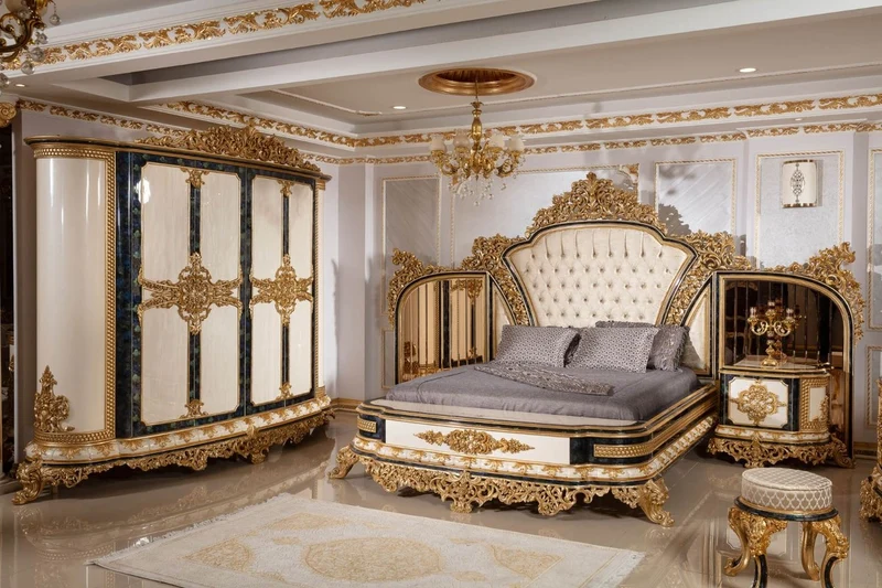 Casa Padrino Luxus Barock Schlafzimmer Set Gold / Weiß / Blau / Gold - 1 Doppelbett mit Kopfteil & 2 Nachtkommoden - Schlafzimmer Möbel im Barockstil - Edel & Prunkvoll