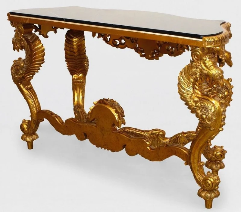 Casa Padrino Luxus Barock Konsole Gold / Schwarz - Handgefertigter Massivholz Konsolentisch mit edlen Verzierungen und Marmorplatte - Barock Möbel