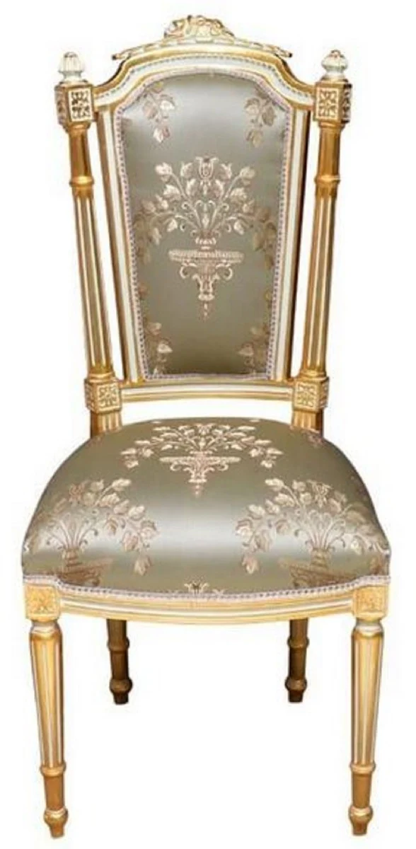 Casa Padrino Barock Esszimmerstuhl Silber / Weiß / Gold - Handgefertigter Antik Stil Stuhl - Esszimmer Möbel im Barockstil