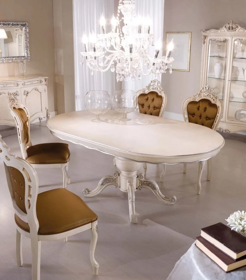 Casa Padrino Luxus Barock Esszimmer Set Braun / Cremefarben / Silber - 1 Barock Esstisch & 6 Barock Esszimmerstühle - Esszimmer Möbel im Barockstil - Luxus Qualität - Made in Italy