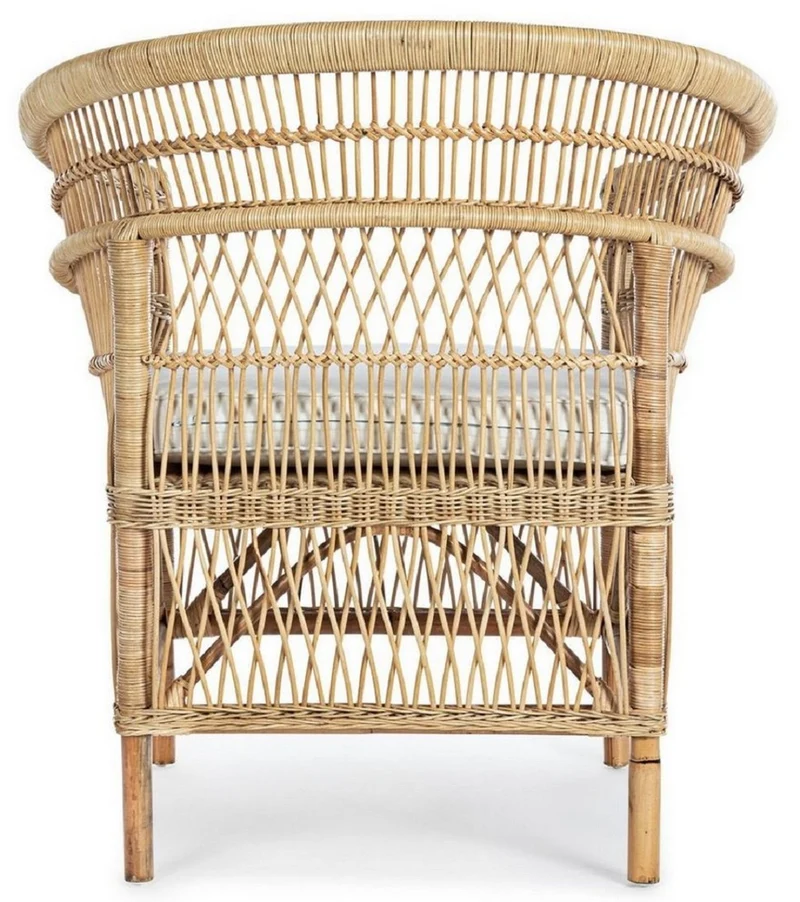 Casa Padrino Luxus Gartensessel Naturfarben / Weiß 79 x 72 x H. 86 cm - Rattan Garten & Terrassen Sessel mit Sitzkissen - Garten & Terrassen Möbel - Luxus Qualität