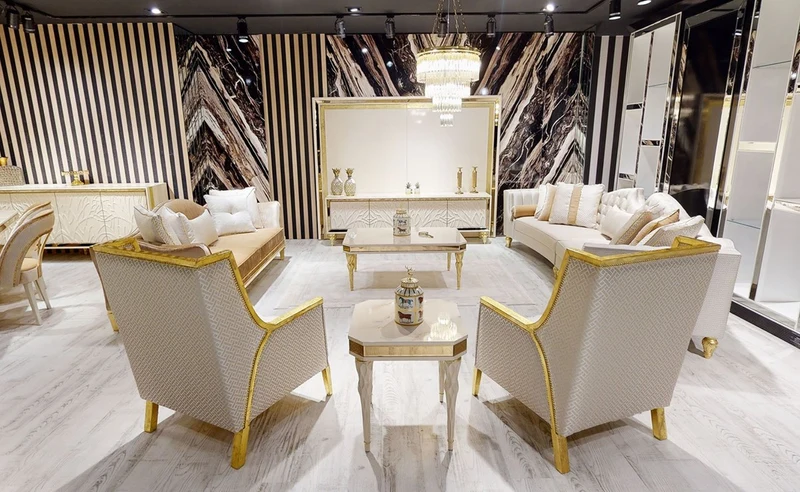 Casa Padrino Luxus Barock Sofa Weiß / Gold - Gebogenes Wohnzimmer Sofa - Hotel Sofa - Luxus Barock Wohnzimmer & Hotel Möbel